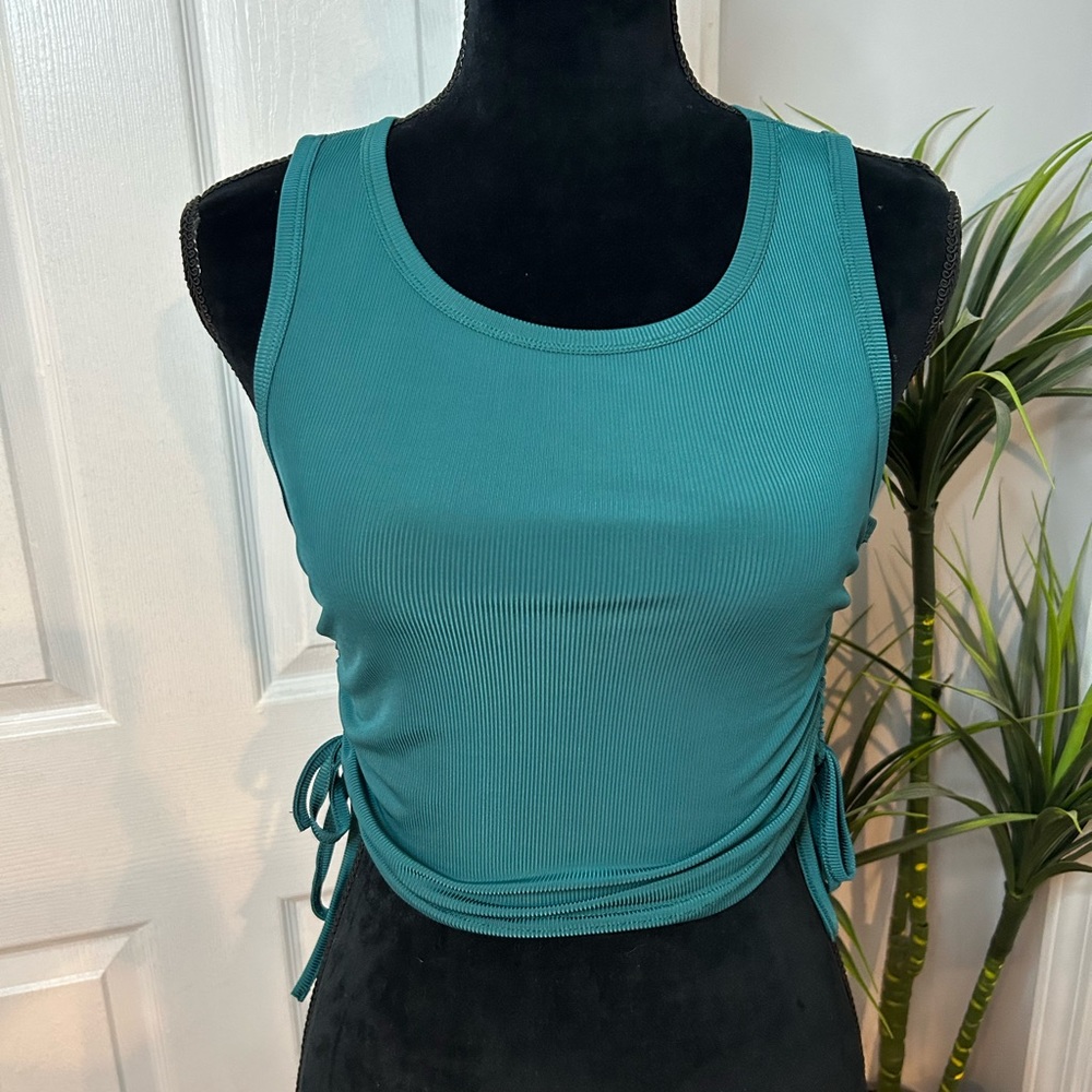 Ruched Teal Sleeveless Crop Top | Adjustable Side Tie | Stretchy Ribbed Tank